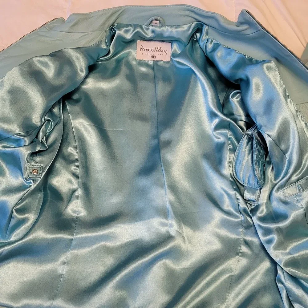 ❣️HP❣️ Pamela McCoy 100% leather aqua full zip satin lined jacket sz: M NWOT - Picture 10 of 12